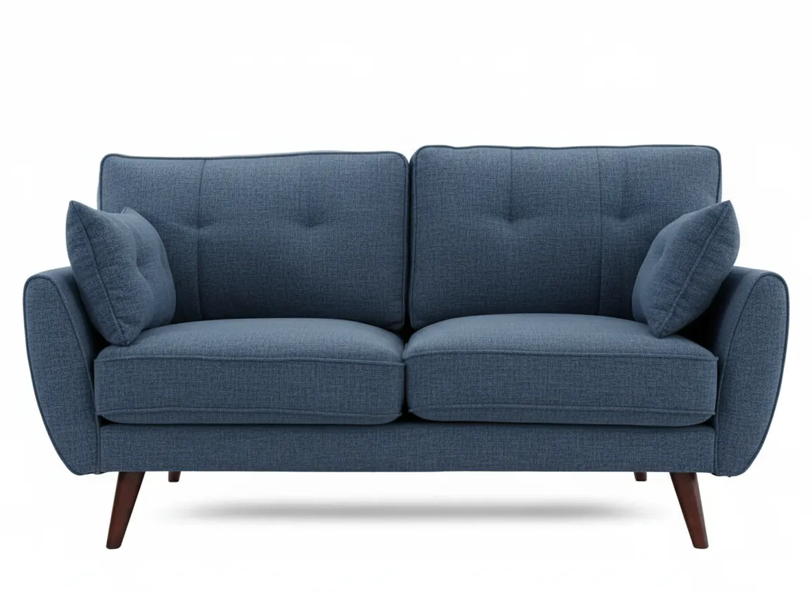 A blue fabric two seater sofa with two seat cushions and two back cushions viewed directly from the front.