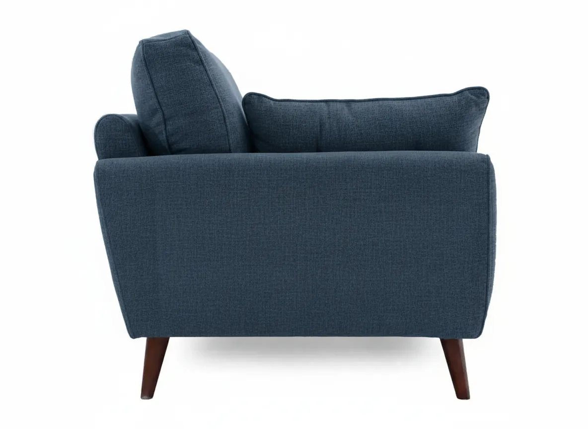 A blue fabric 2 seater sofa viewed from the right side showcasing its padded armrest and exposed tapered wooden legs.