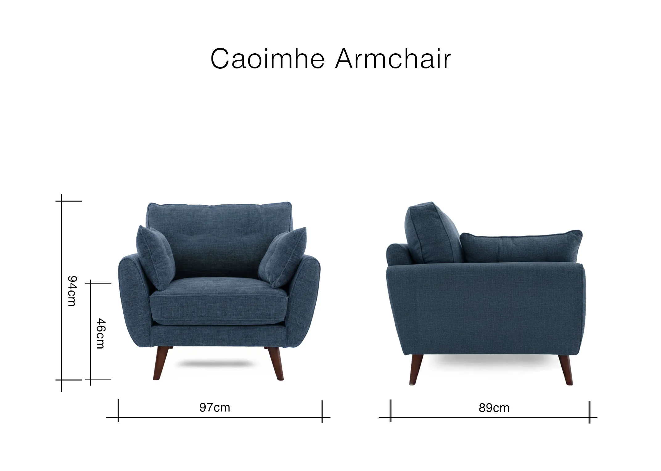 Blue fabric armchair with front view dimensions of 97cm width and 94cm height and side view depth of 89cm.