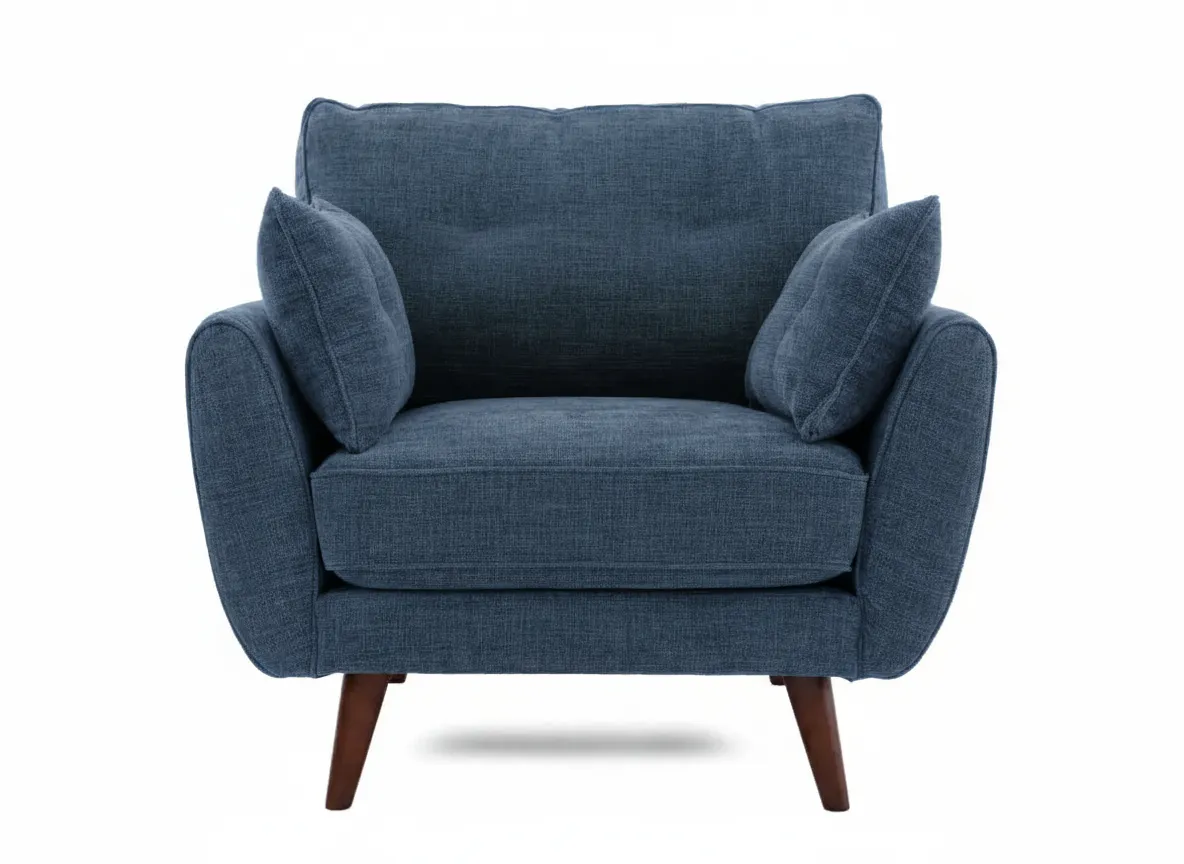 A blue fabric armchair with two seat cushions and two back cushions viewed directly from the front.