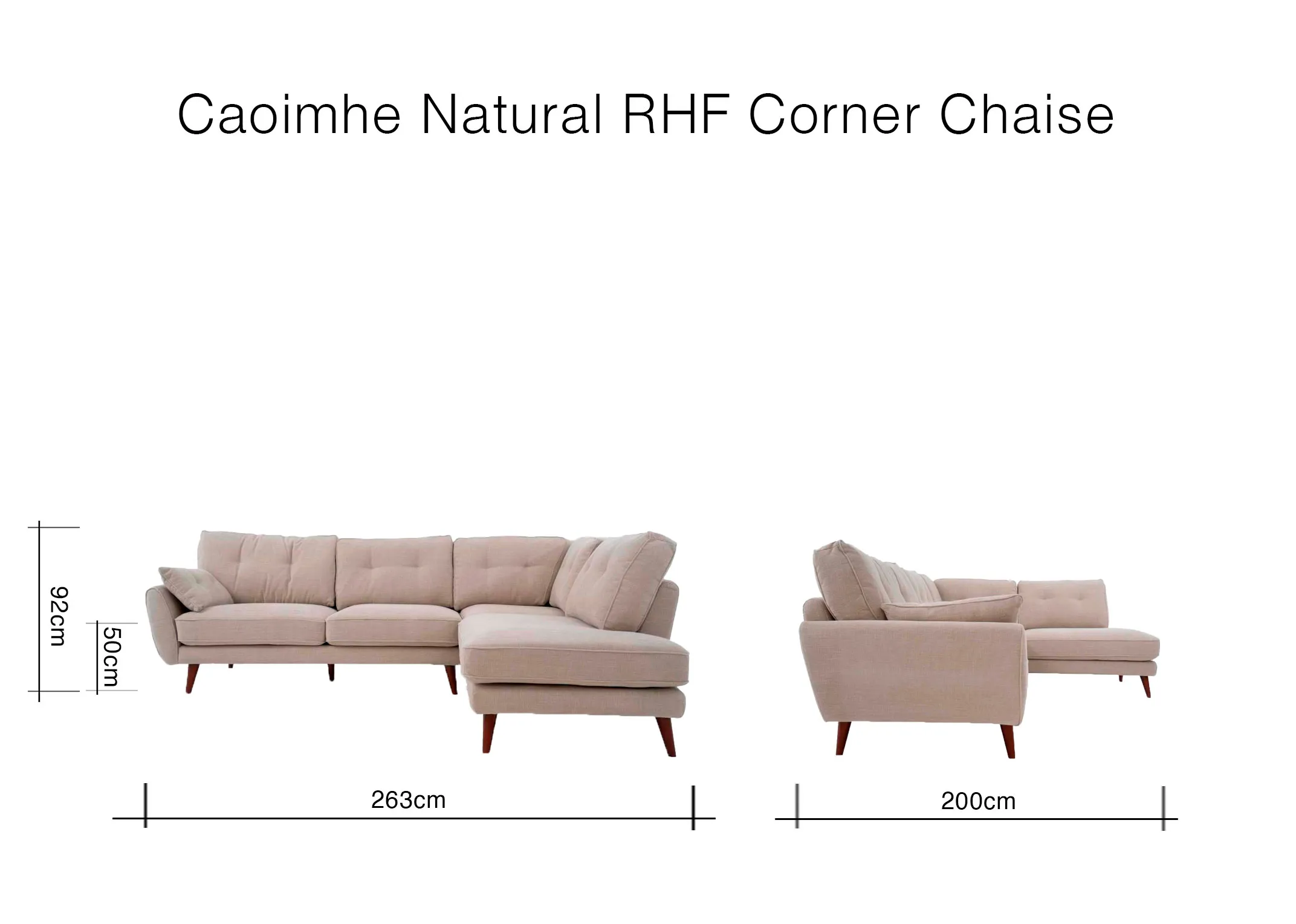 A dimension image of the Caoimhe Natural LHF Sofa with 263cm x 200cm x 89cm