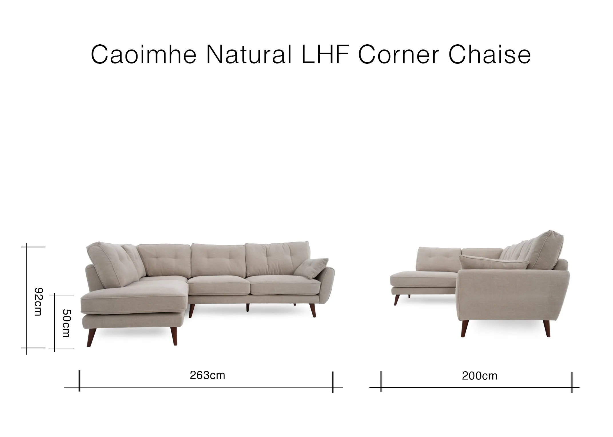 A dimension image of the Caoimhe Natural LHF Sofa with 263cm x 200cm x 89cm