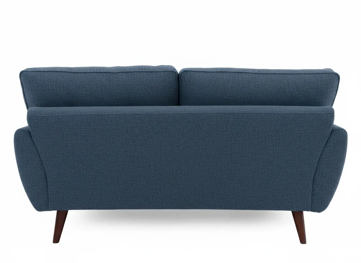 The back view of a blue fabric three seater sofa showing its solid back panels and four tapered wooden legs.