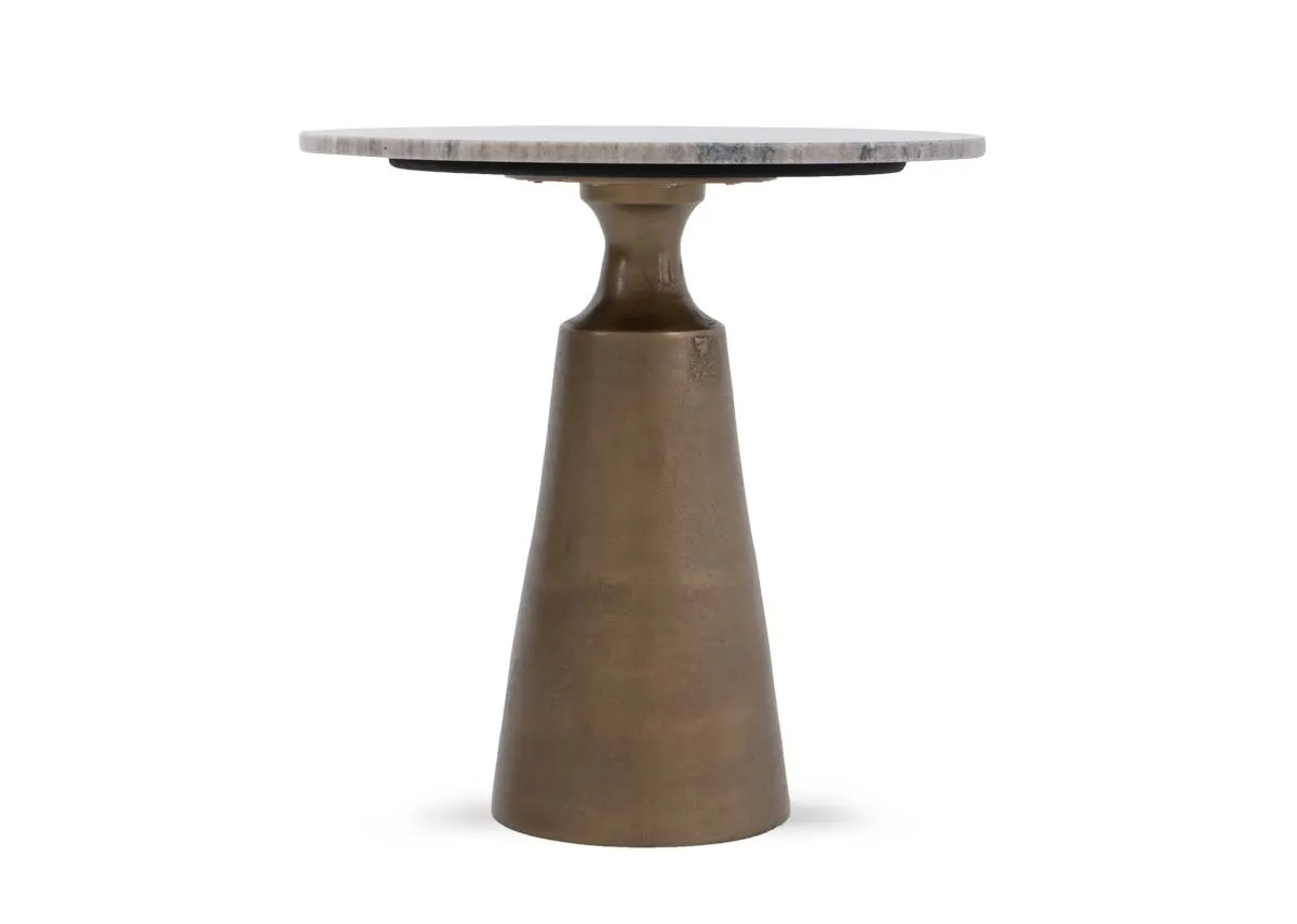 A brass stem side table with marble top from EZ Livings Pyramid range. Front view