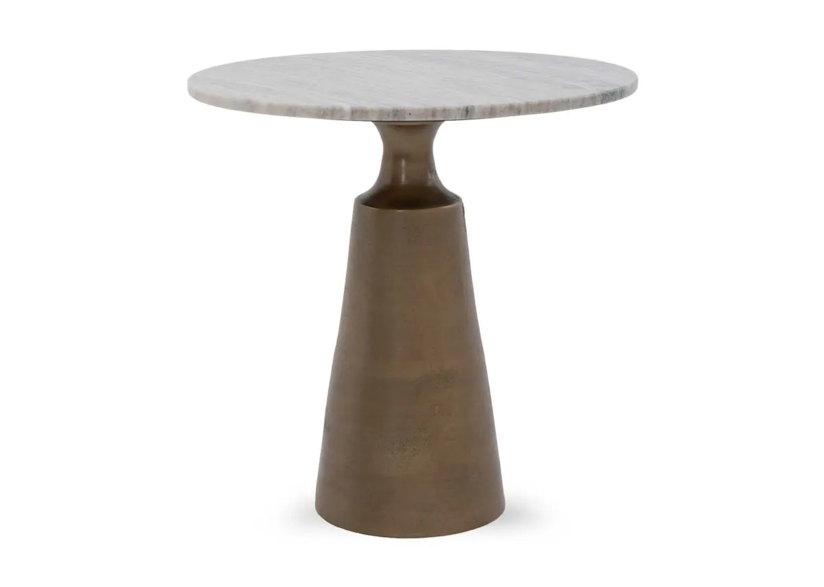 A brass stem side table with marble top from EZ Livings Pyramid range.