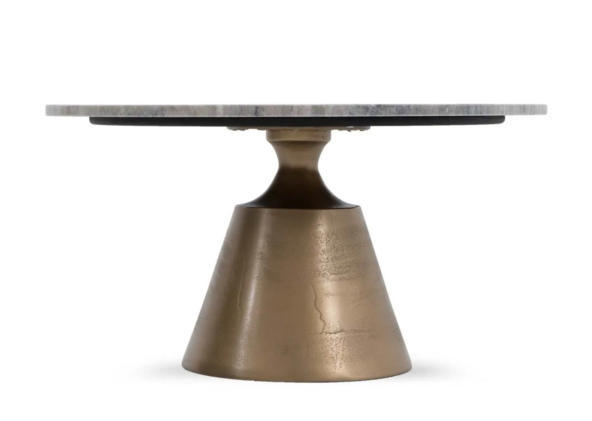 A brass stem coffee table with marble top from EZ Livings Pyramid range.Front view