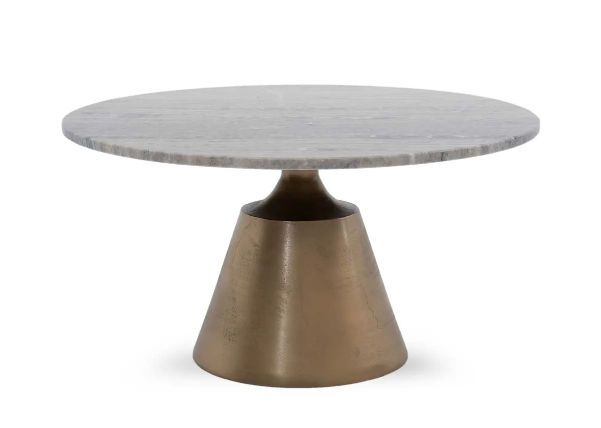 A brass stem coffee table with marble top from EZ Livings Pyramid range. Front view