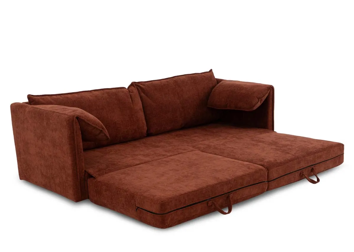 A 3 seater orange fabric sofa bed from EZ Livings Pierce range.Angled view of sofa as a bed