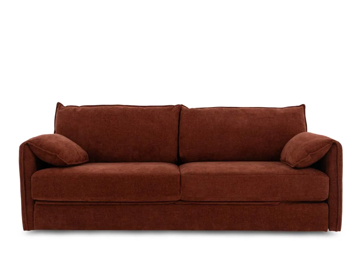 A 3 seater orange fabric sofa bed from EZ Livings Pierce range.Front view of sofa with side arm bolsters