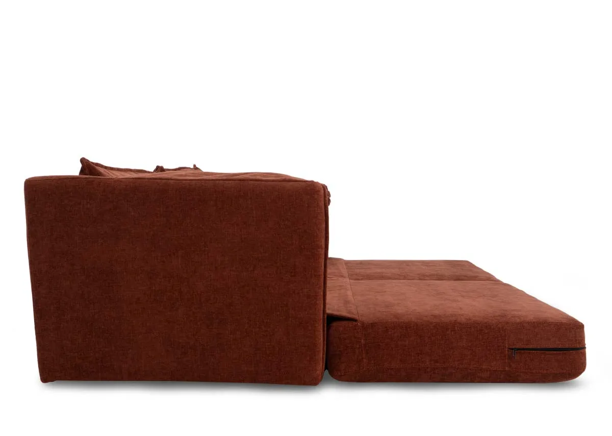 A 3 seater orange fabric sofa bed from EZ Livings Pierce range.Side veiw of sofa as a bed