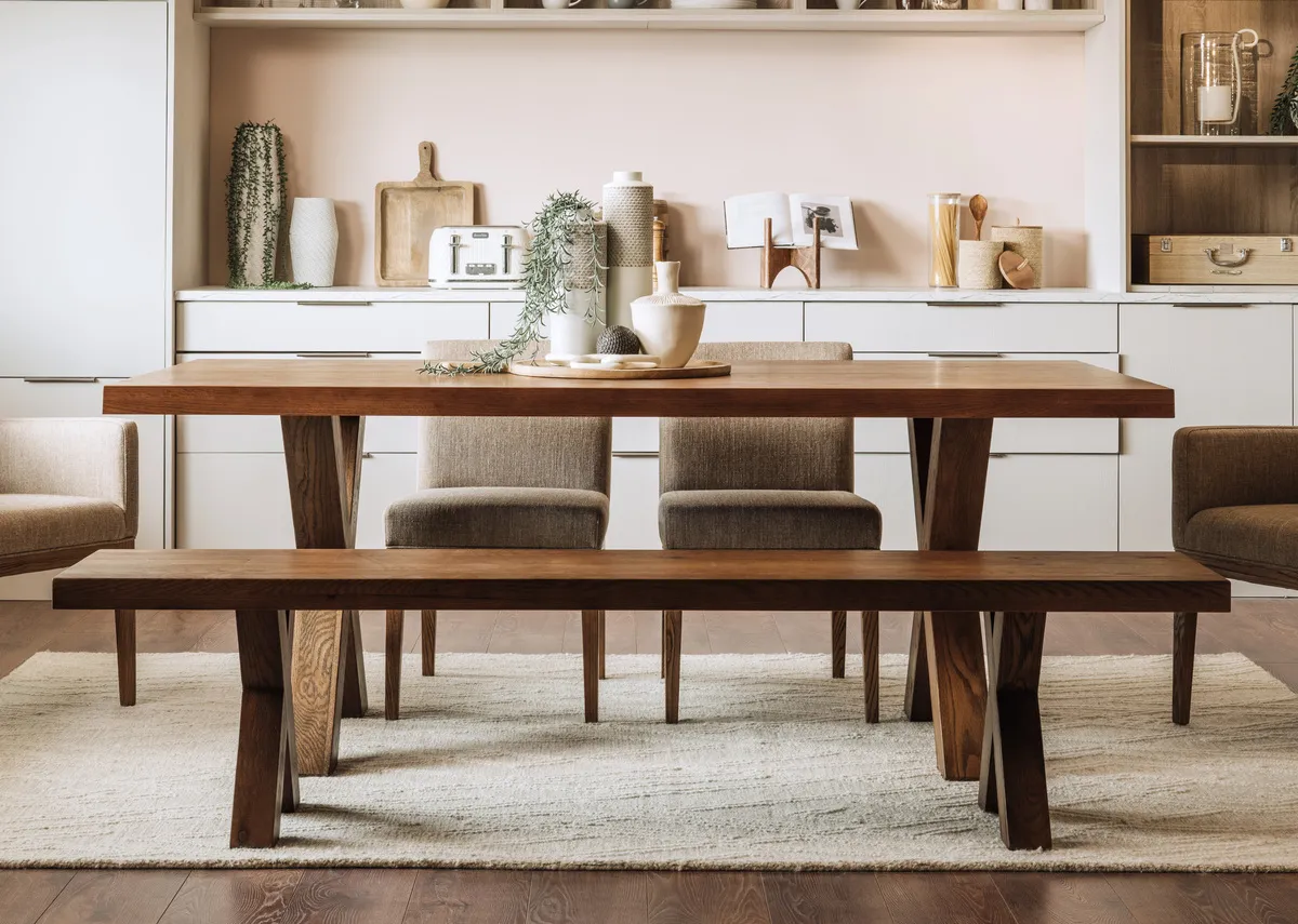 A lifestyle image of the Davos bench with matching dining table in a kitchen setting.