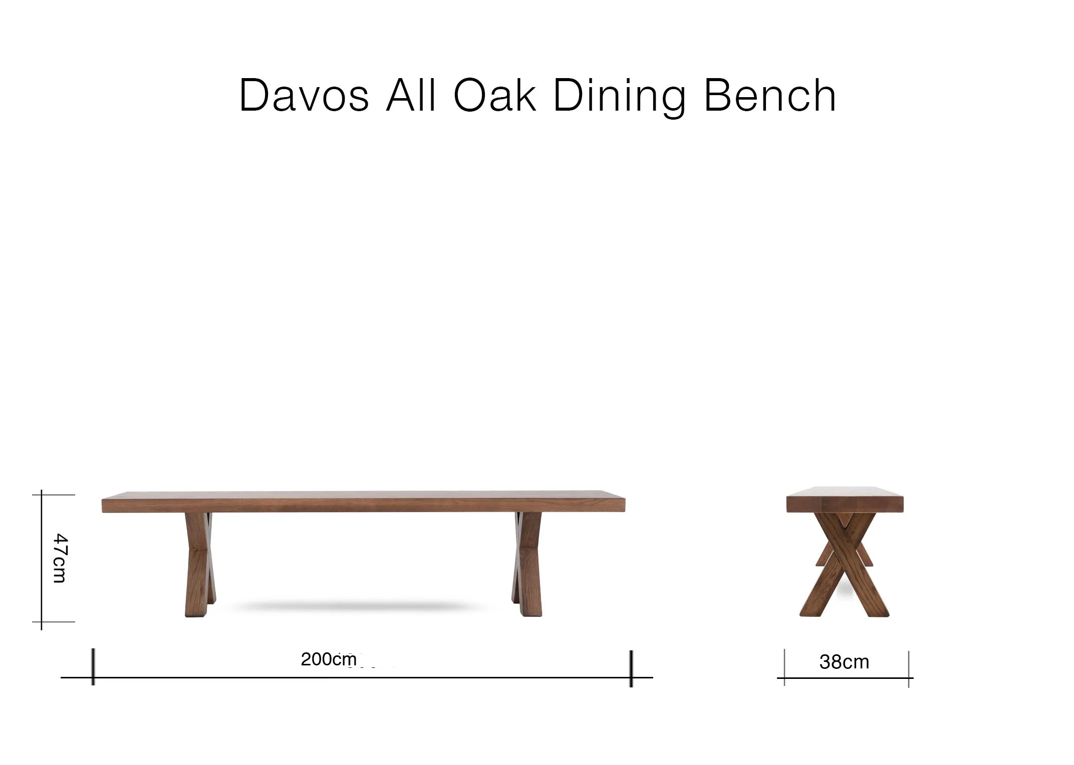 A dimension image of the Davos Bench with 200cm x 38cm