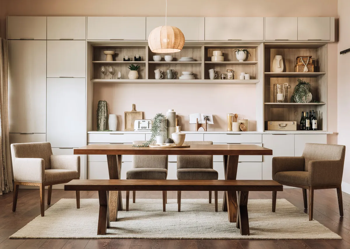 A lifetsyle image of the Davos dining table and bench in a kitchen with Davos chairs.