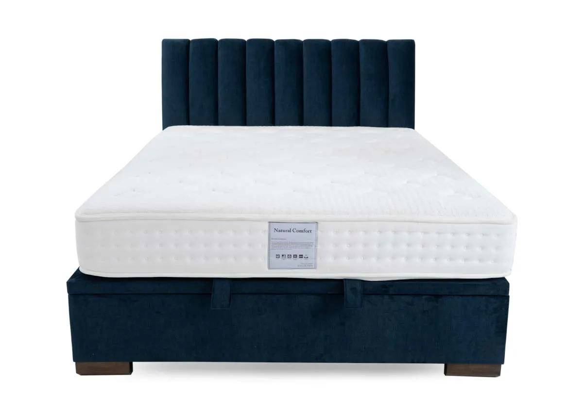 A 5ft ottoman bed in petrol blue from EZ Livings Lancelot rangeFront view of lift tabs and pleated foam headboard