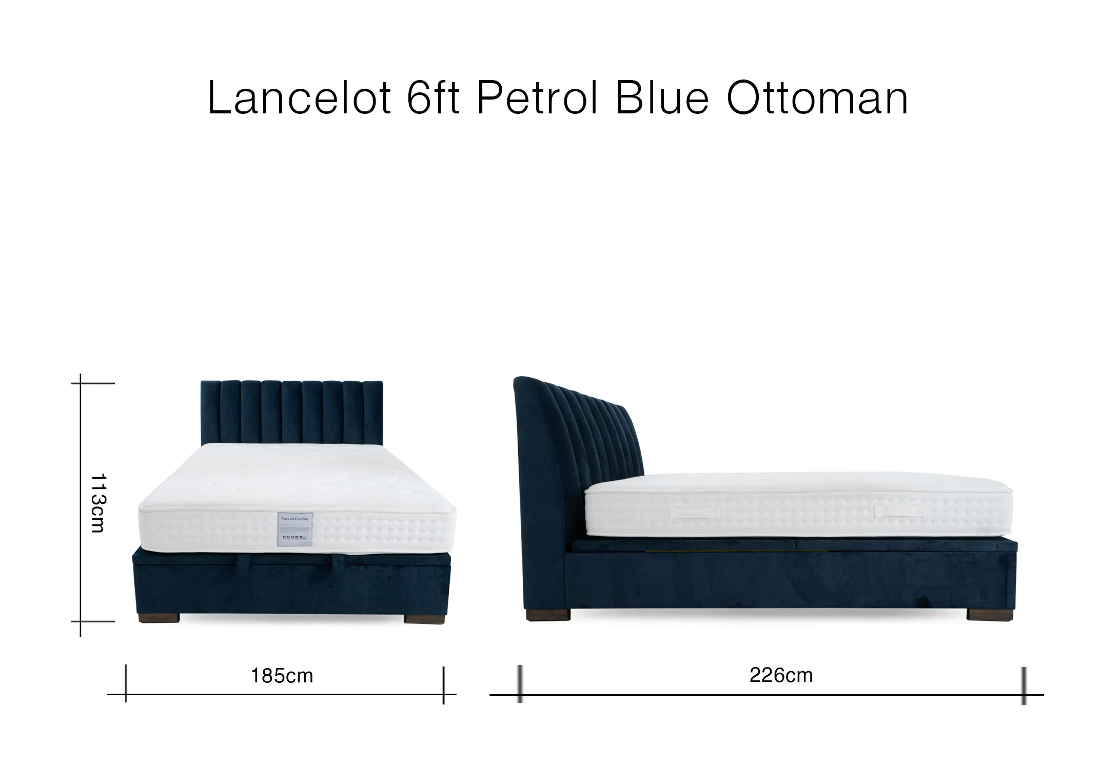 A dimension image of the Lancelot Bed with 185cm x 226cm x 113cm