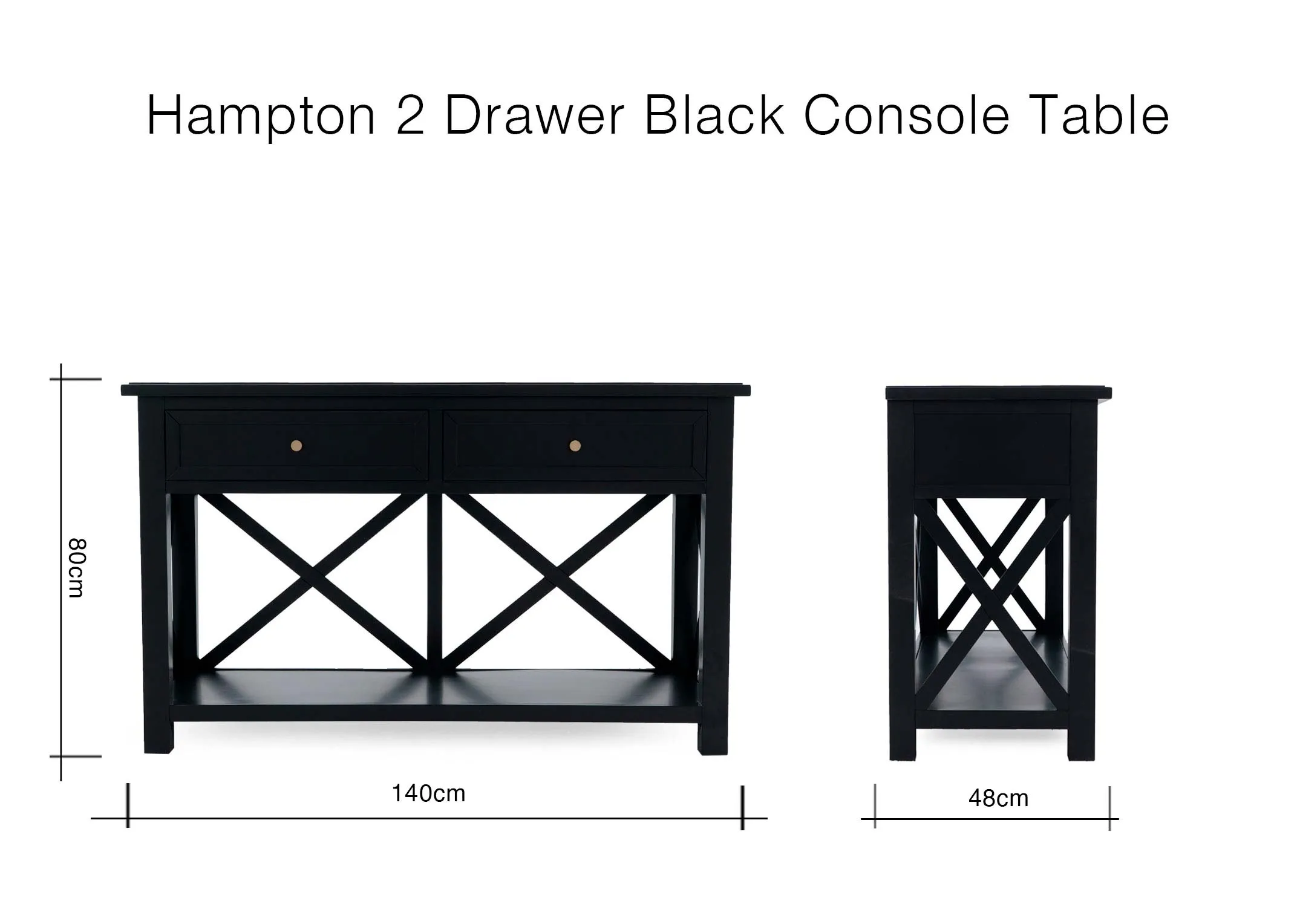 A dimension image of the Hampton Console Table with 140cm x 80cm x 48cm