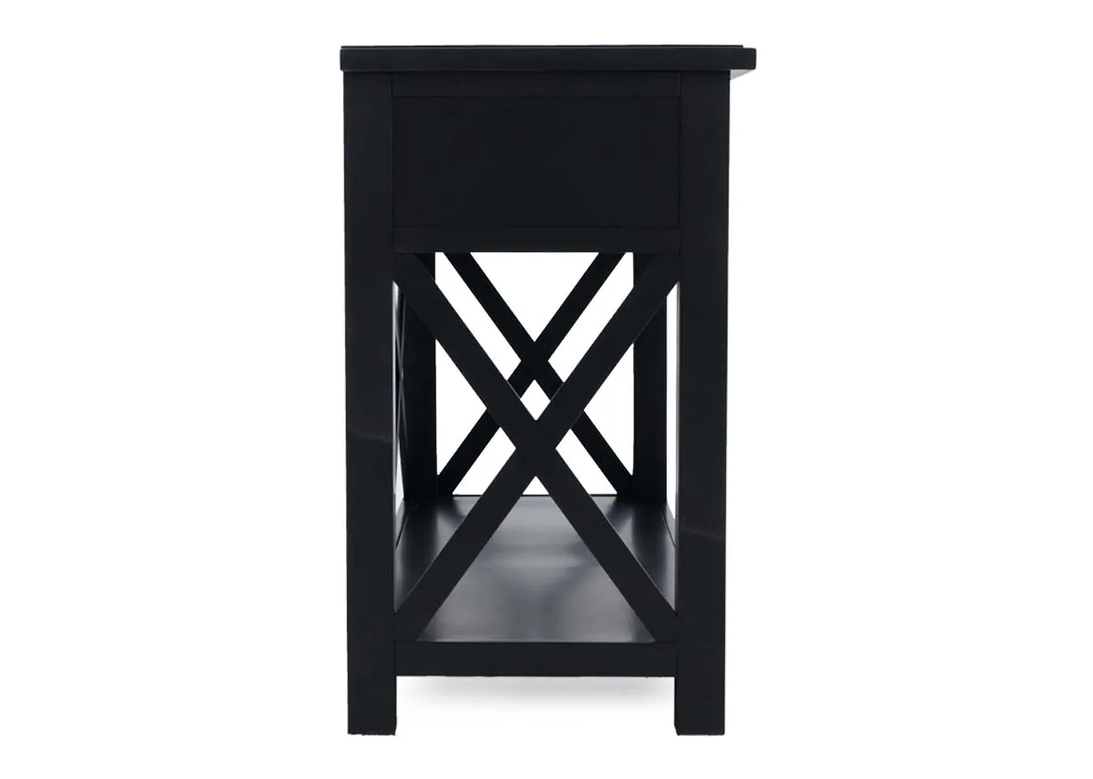 A sleek black 2 drawer hall table from EZ Livings Hampton range. Front view of lower shelf