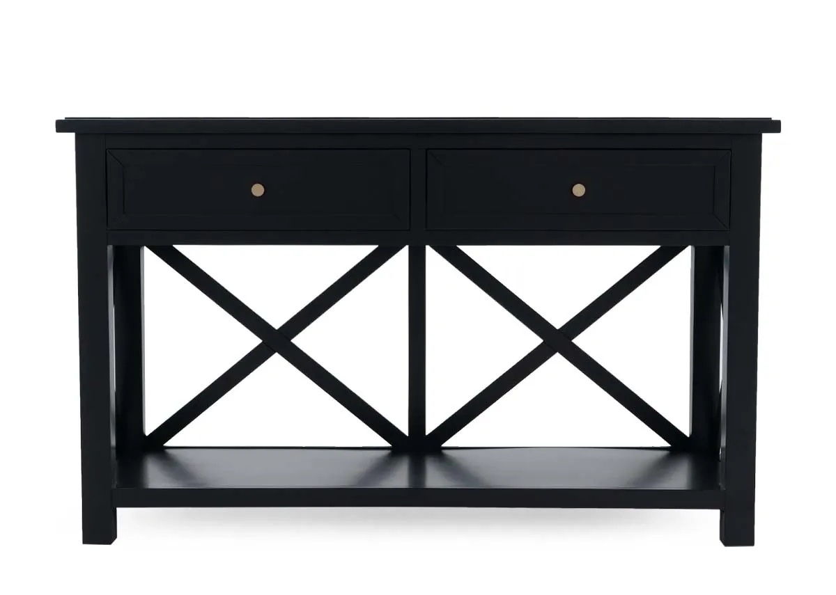 A sleek black 2 drawer hall table from EZ Livings Hampton range. Closeup of drawer open with brass handle