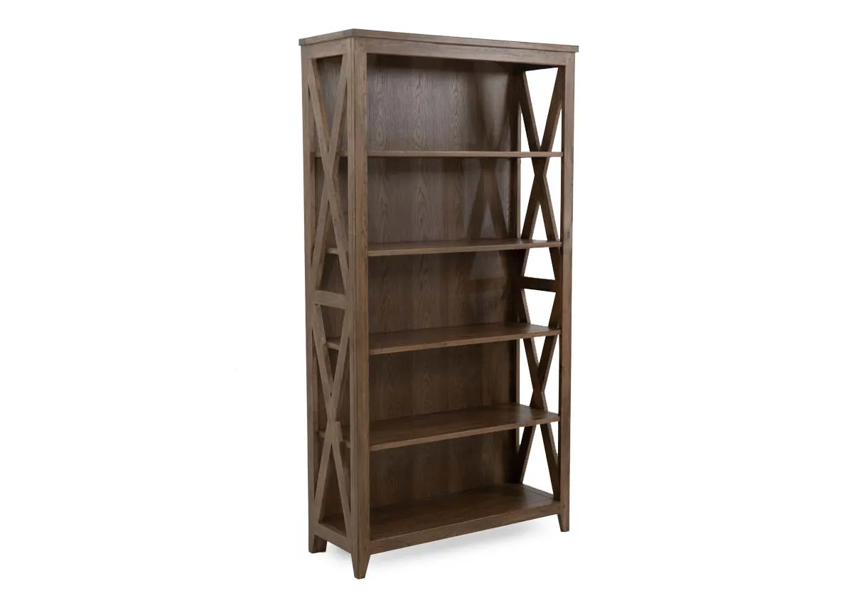 An oak bookcase from EZ Livings Naxos range. Angled view of 5 shelf bookcase
