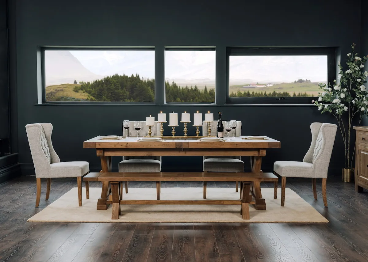 A dimension image of the Naxos dining table with 220-310cm W x 100cm x 77cm