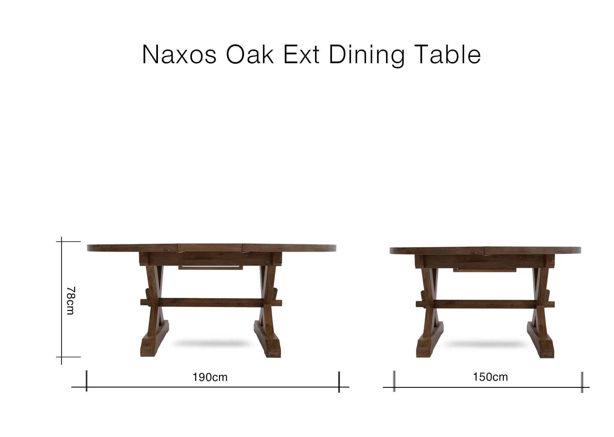 A dimension image of the Naxos dining table with 150cm-190cm x 150cm x 76cm