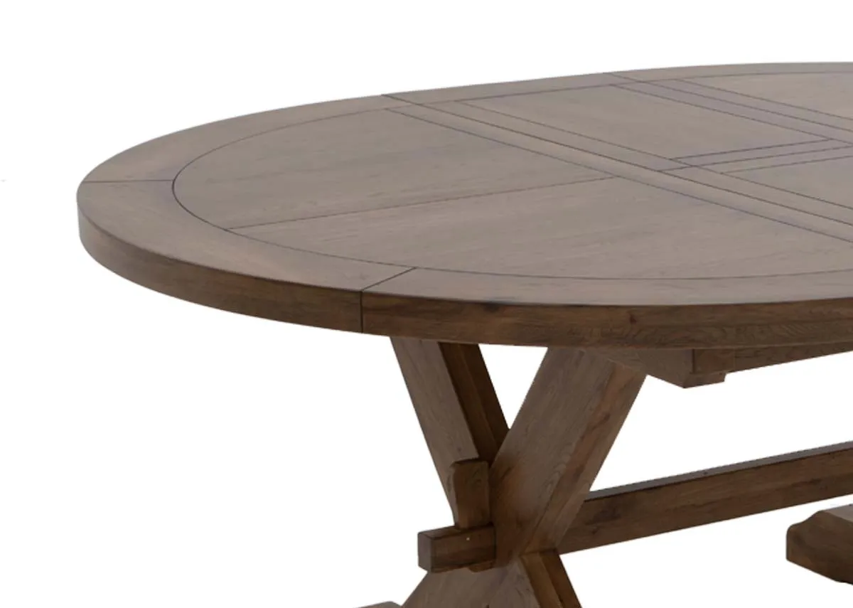 A round to oval dining table from EZ Livings Naxos range. Closeup of thick textured table top.