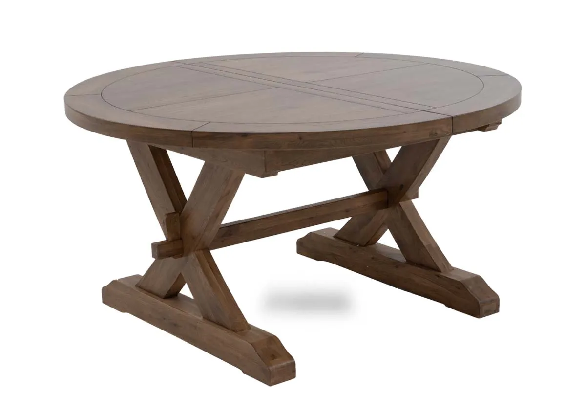 A round to oval dining table from EZ Livings Naxos range. Angled view of table not extended.