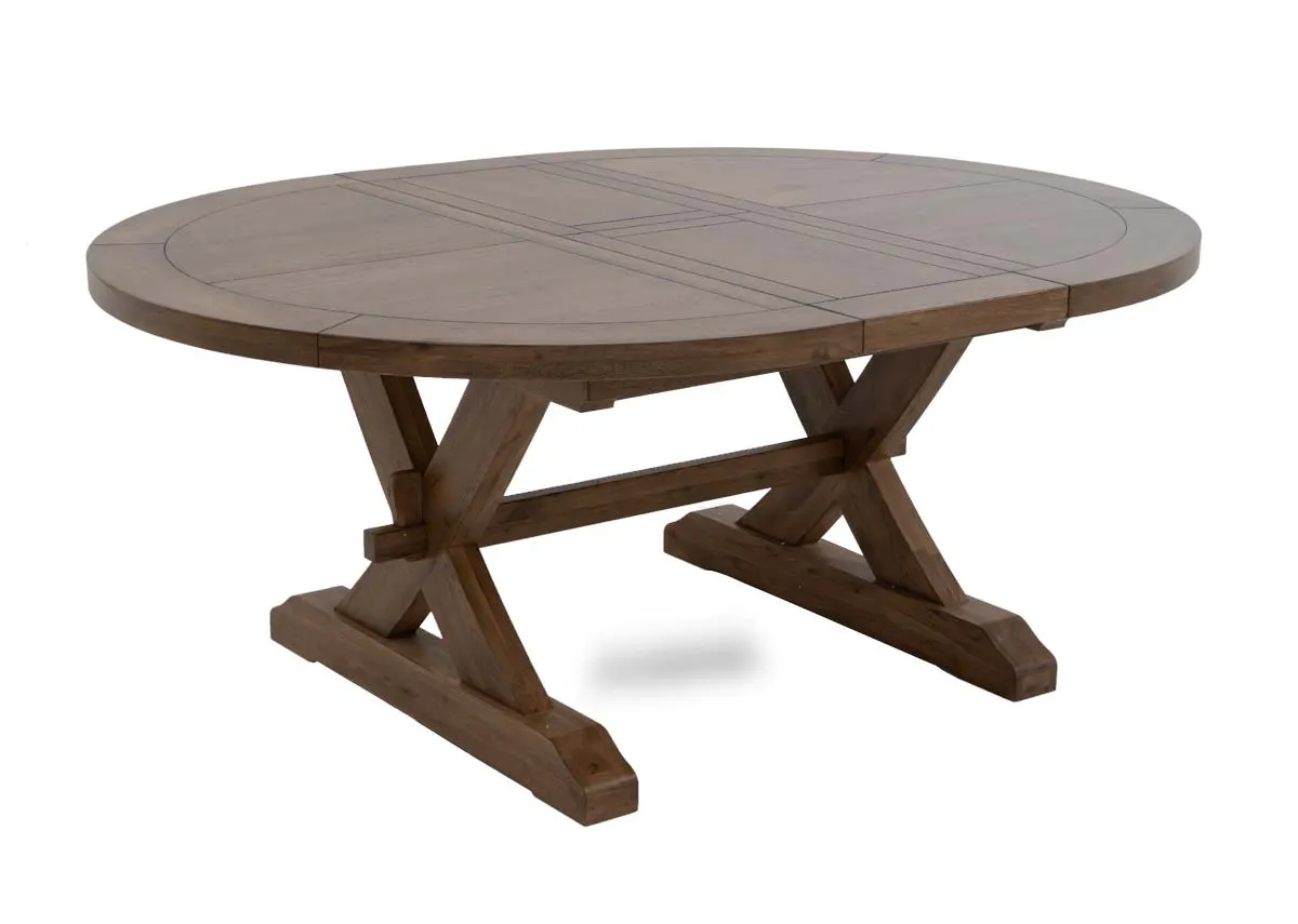 A round to oval dining table from EZ Livings Naxos range. Angled view of table extended.