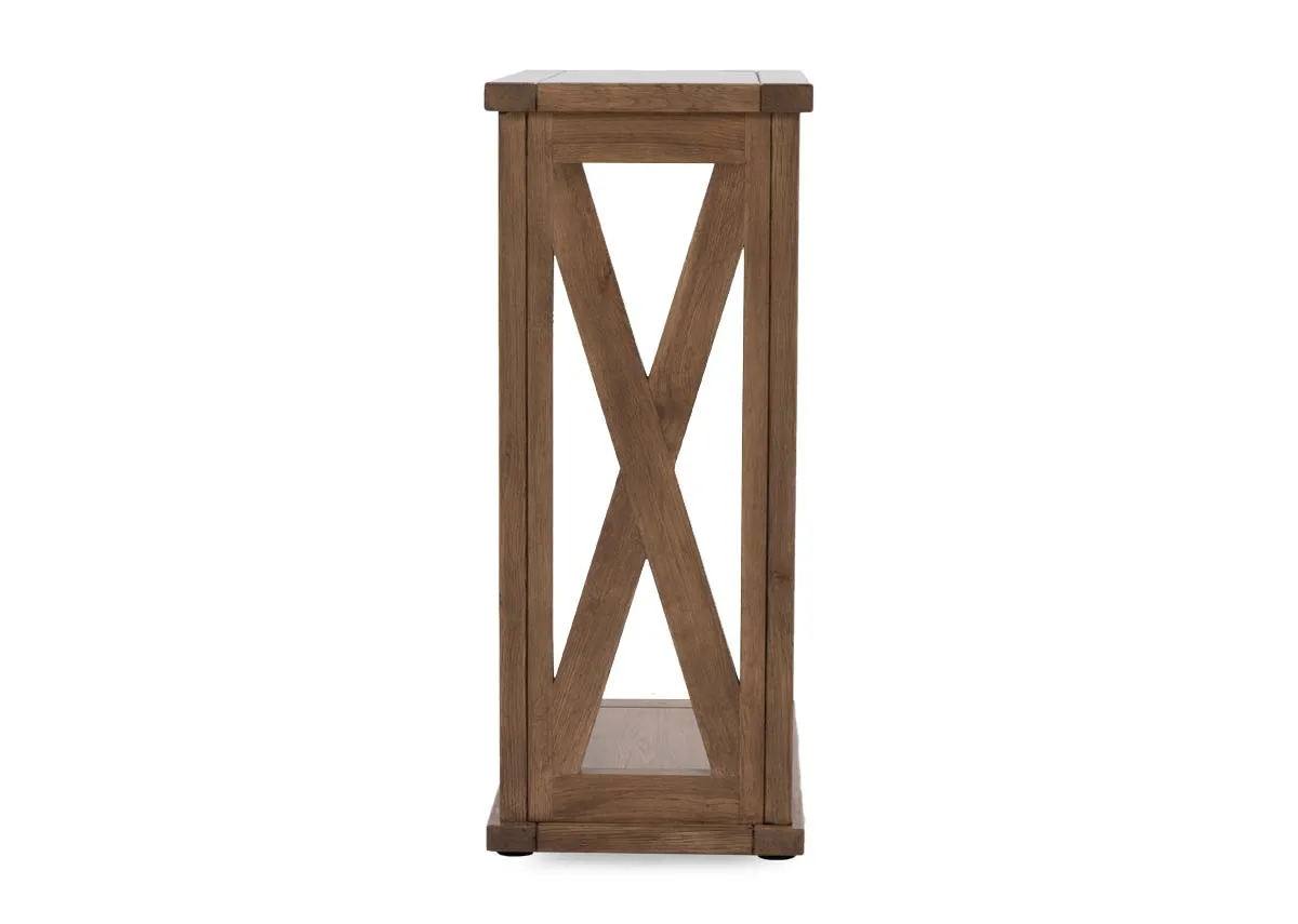 A striking oak sofa table with X side detail from EZ Livings Naxos range. Side view