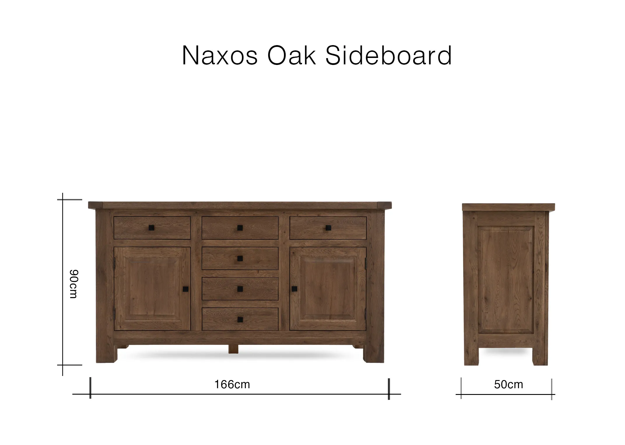 A dimension image of the Naxos Sideboard with 166cm x 50cm x 90cm