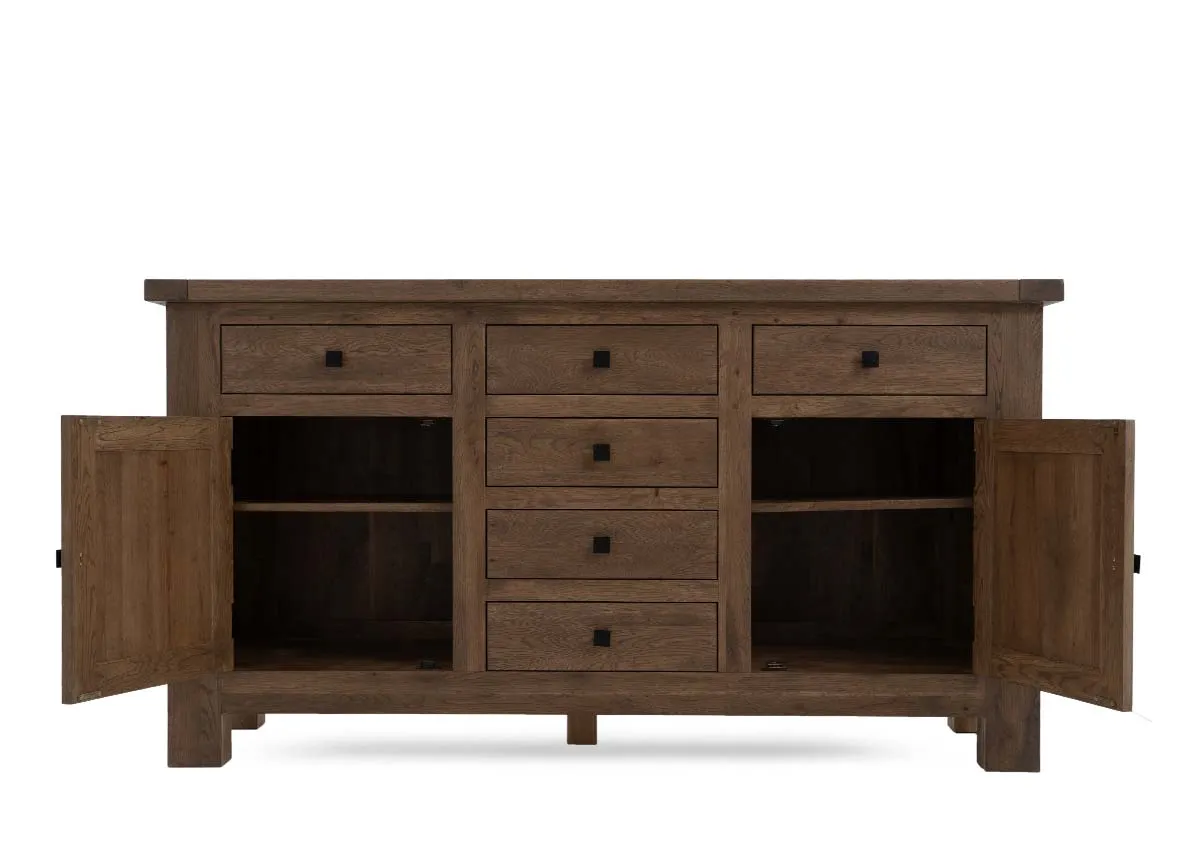A 2 door and 6 drawer sideboard from EZ Livings Naxos range. Front view of doors open revealing shleves