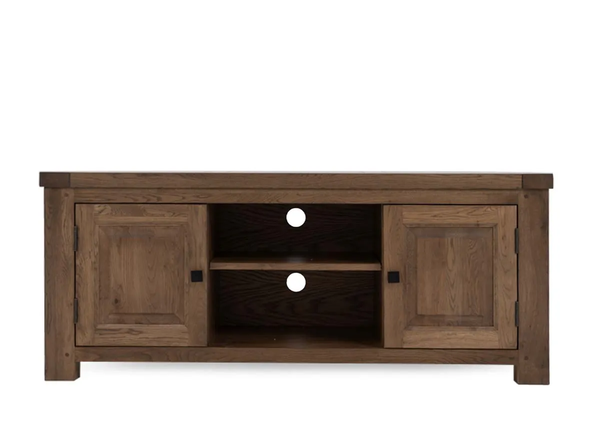 An oak 2 door tv stand from EZ Livings Naxos range.Front view of 2 middle shelves
