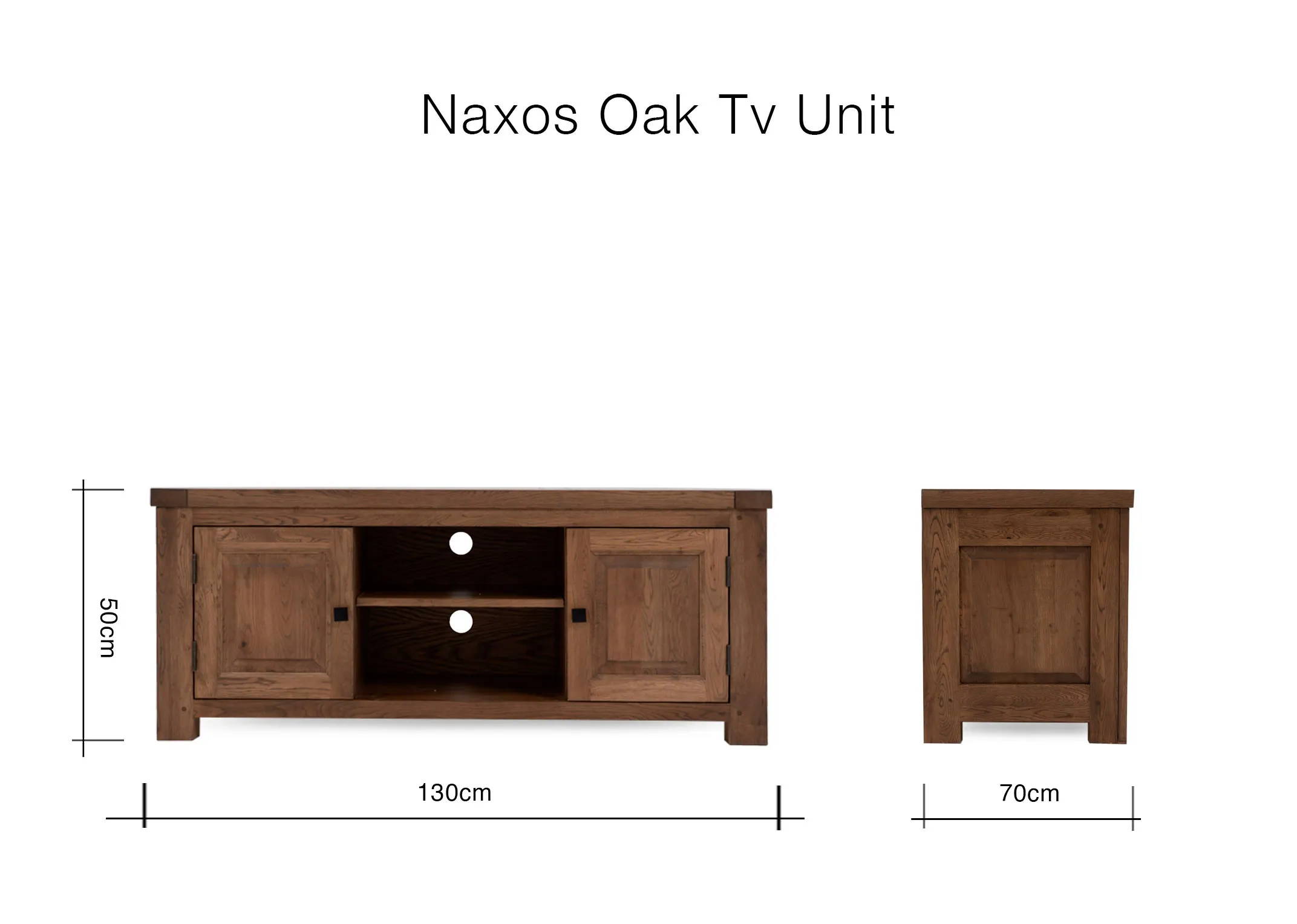 A dimension image of the Naxos Oak TV Unit with 130cm x 70cm x 50cm