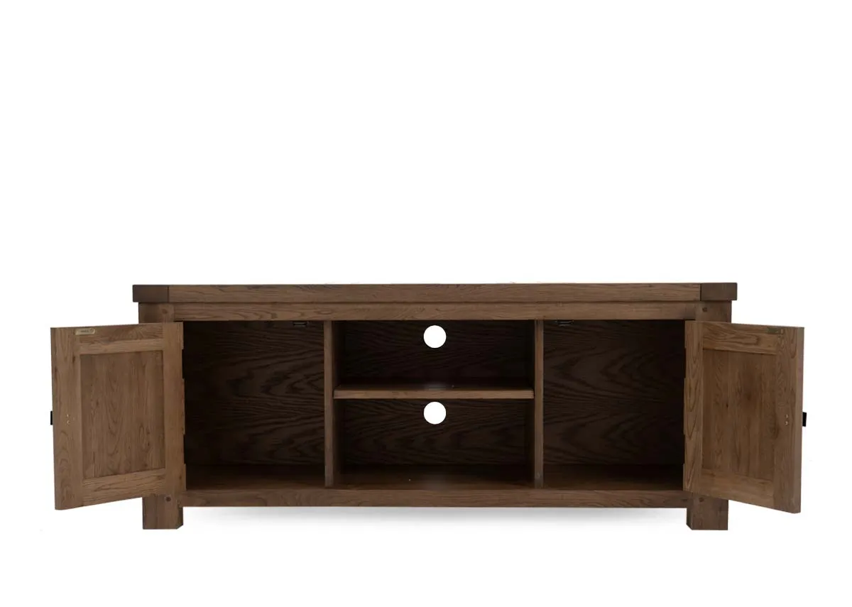 An oak 2 door tv stand from EZ Livings Naxos range.Front view of doors open showing more shelving
