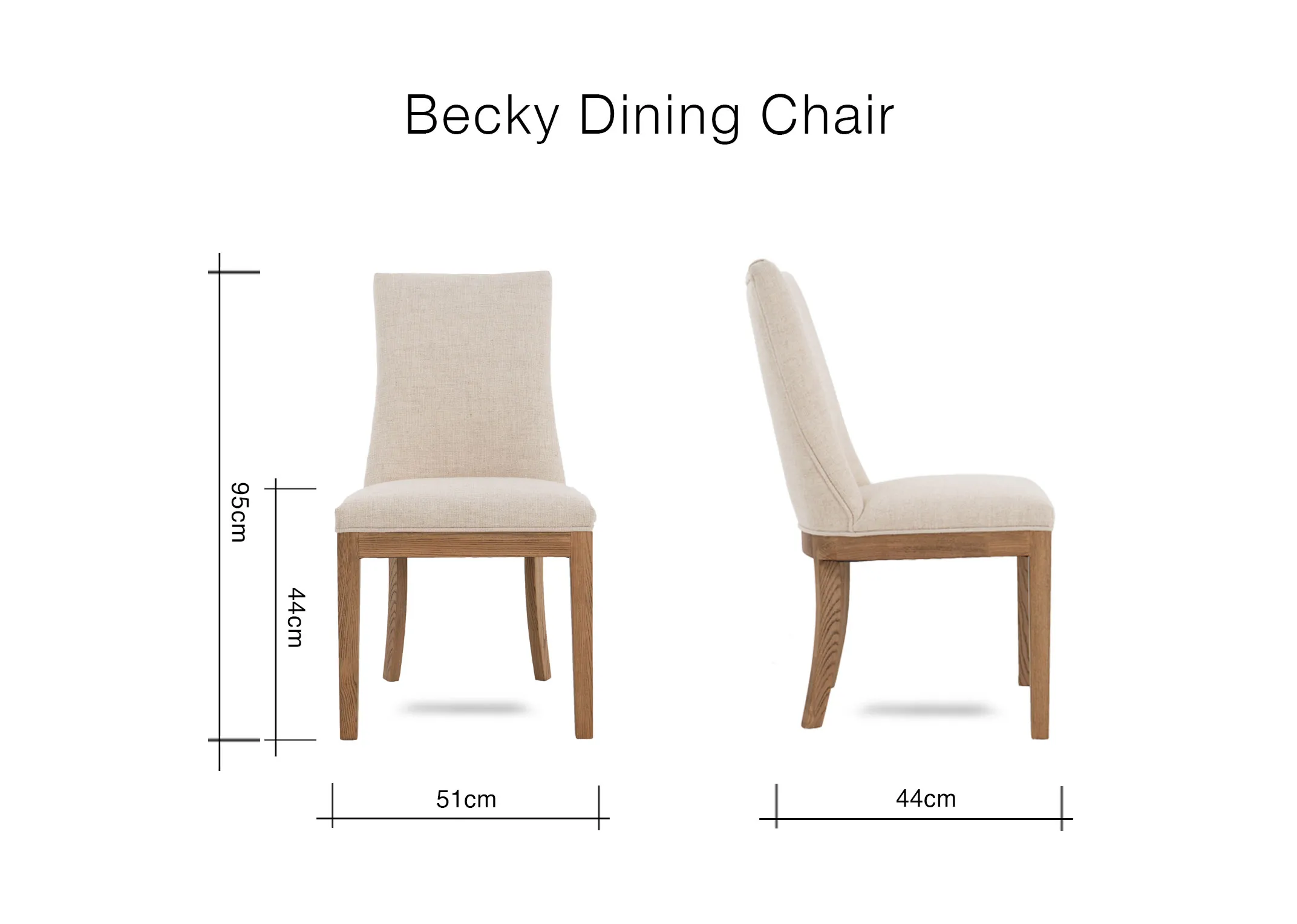 A dimension image of the Becky Dining Chair with 51cm x 44cm x 95cm