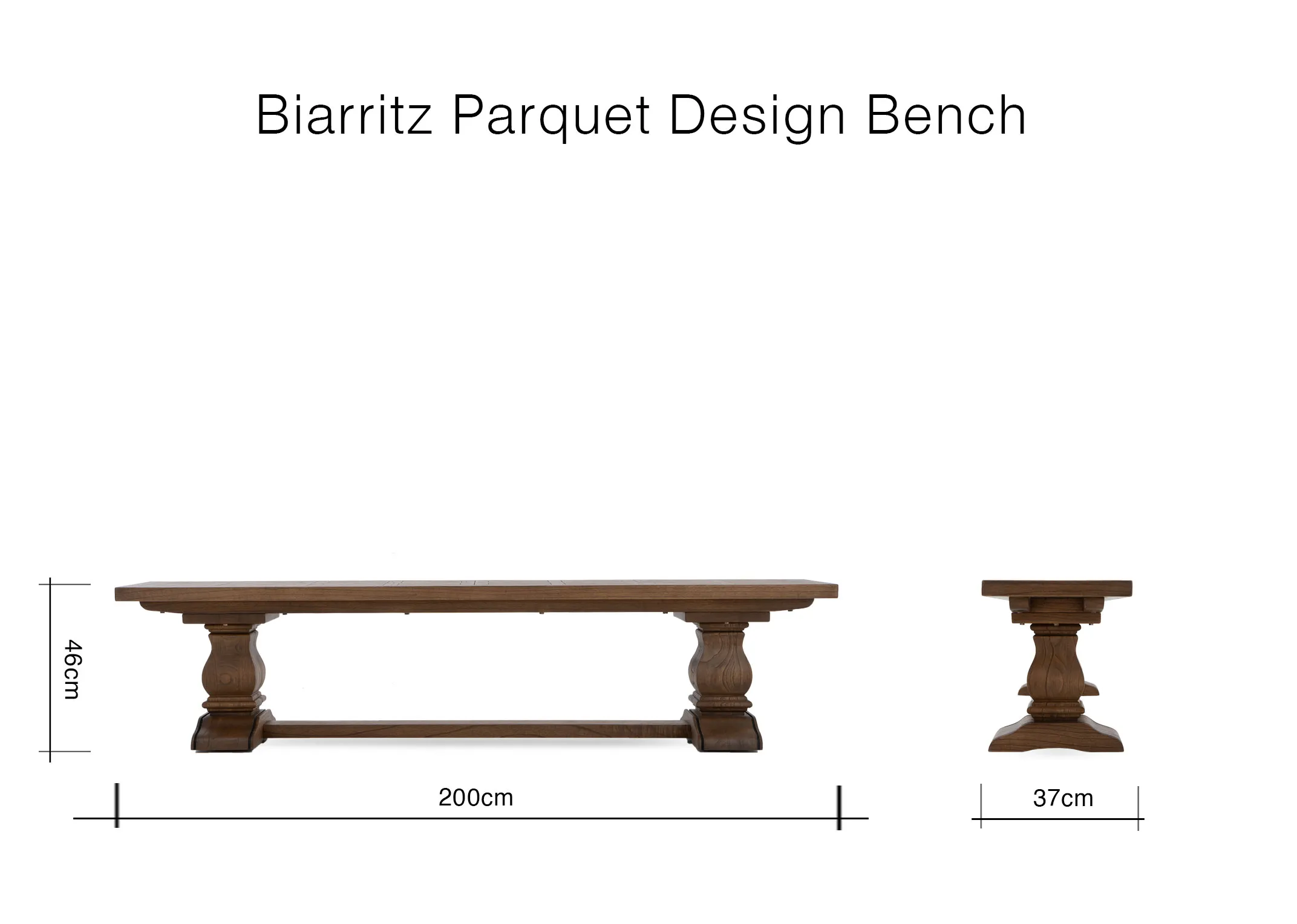 A dimension image of the Biarritz Parquet bench with 200cm x 37cm x 46cm