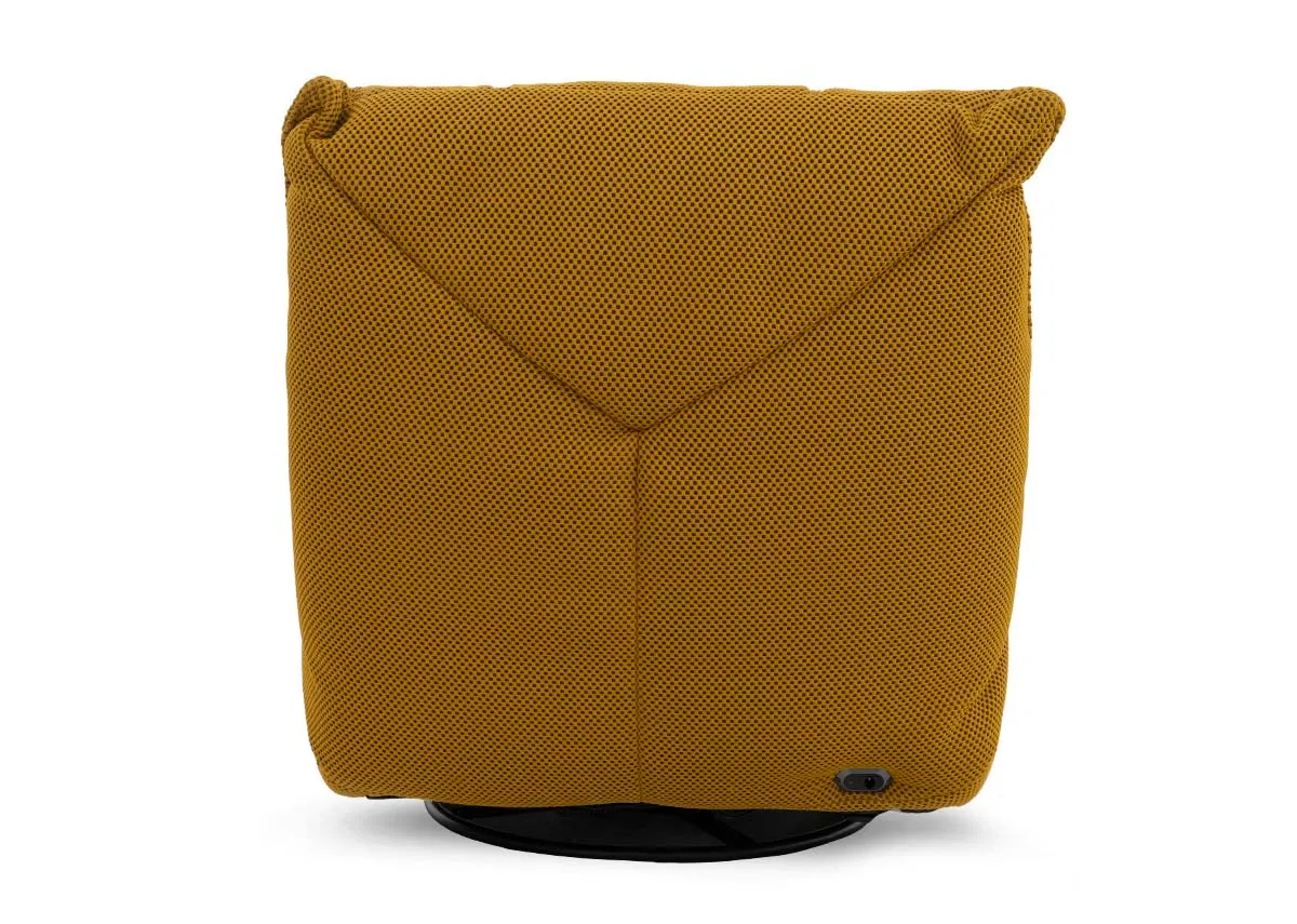 A power gliding game chair in mustard yellow from EZ Livings Java range.Back view shows swivel base