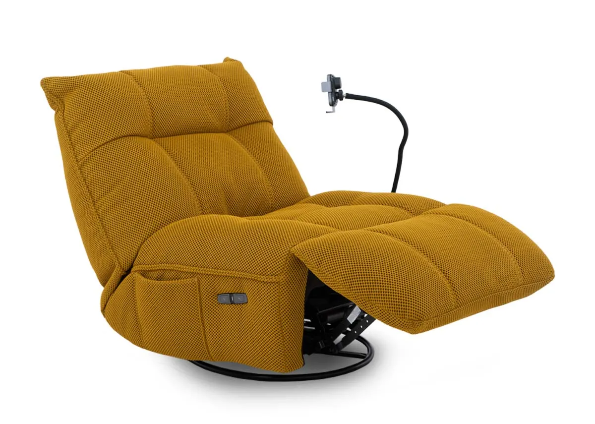 A power gliding game chair in mustard yellow from EZ Livings Java range.Angled view of chair reclined