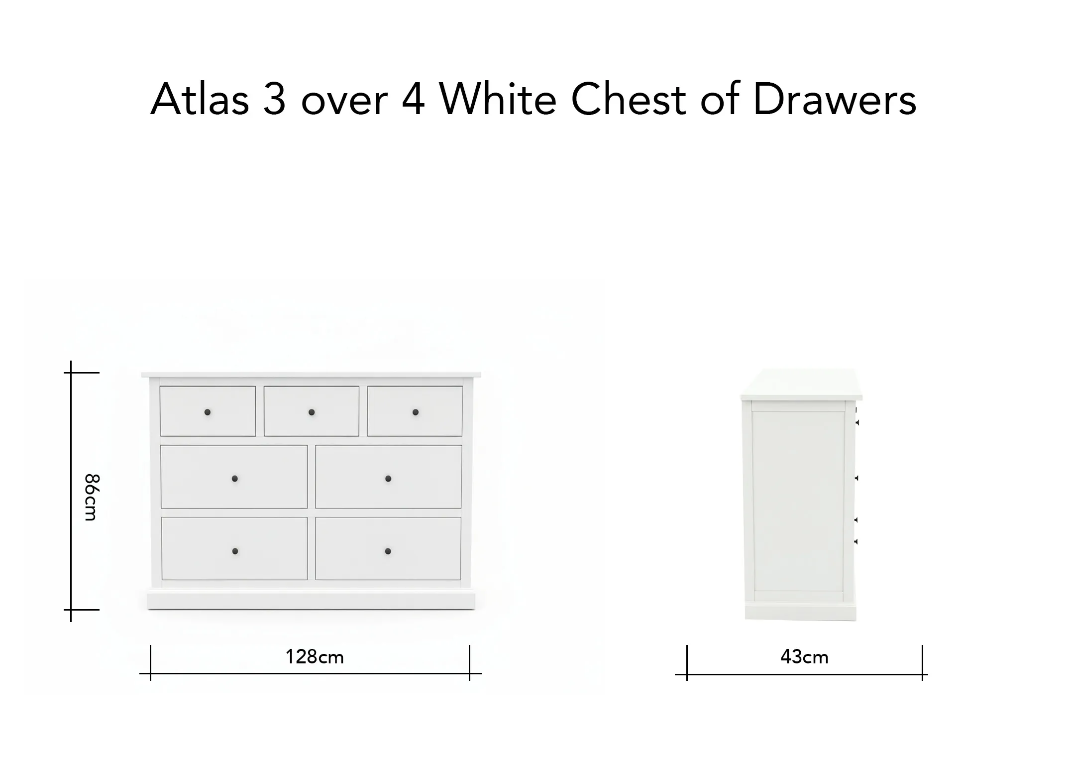 A dimension image of the Atlas large chest of drawers with 128cm x 43cm x 86cm