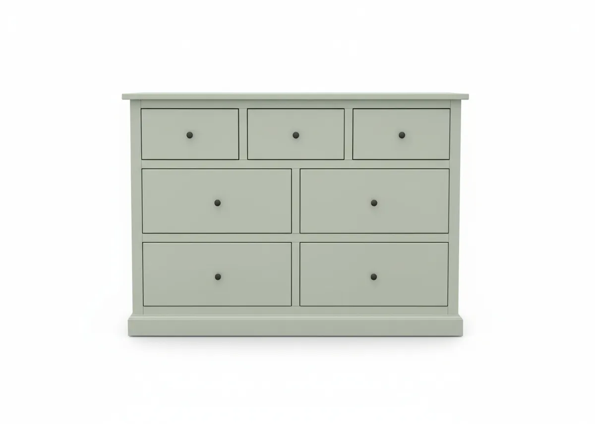 A light green chest of drawers with seven drawers and small black round pulls. Three smaller drawers are across the top with two larger drawers below them on each side.