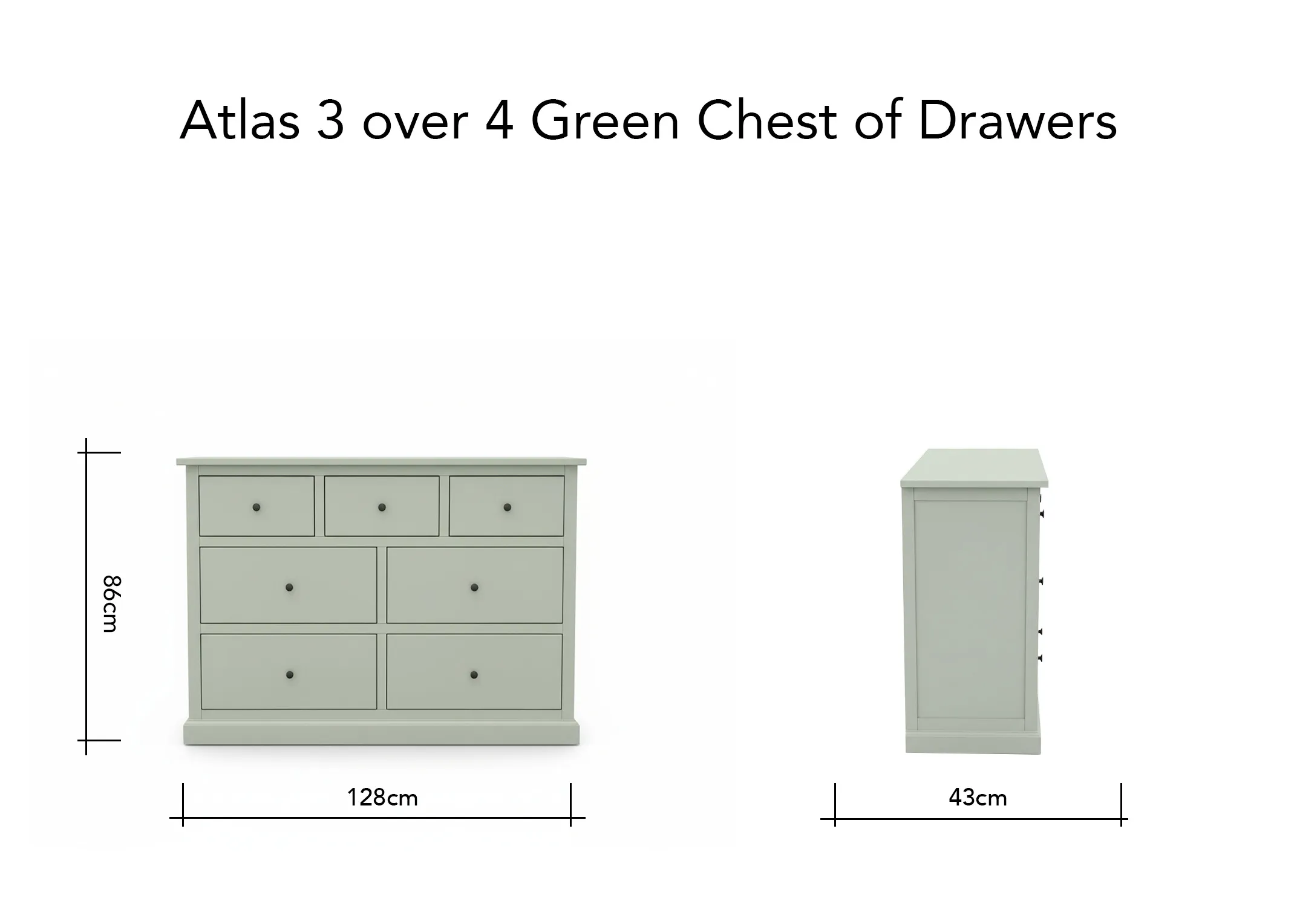 A dimension image of the Atlas large chest of drawers with 128cm x 43cm x 86cm
