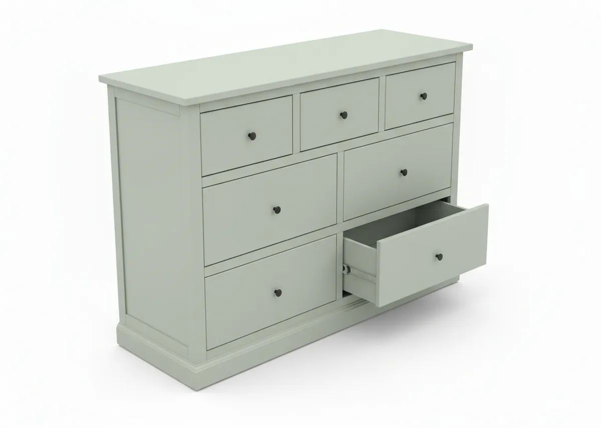 A light green chest of drawers with one of its bottom right drawers pulled open revealing the interior and metal drawer slides. It has seven drawers in total.