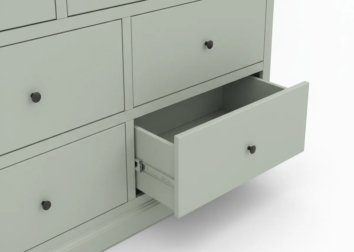 A close up view of a light green drawer pulled open showing the metal drawer slides and the spacious interior of the compartment.