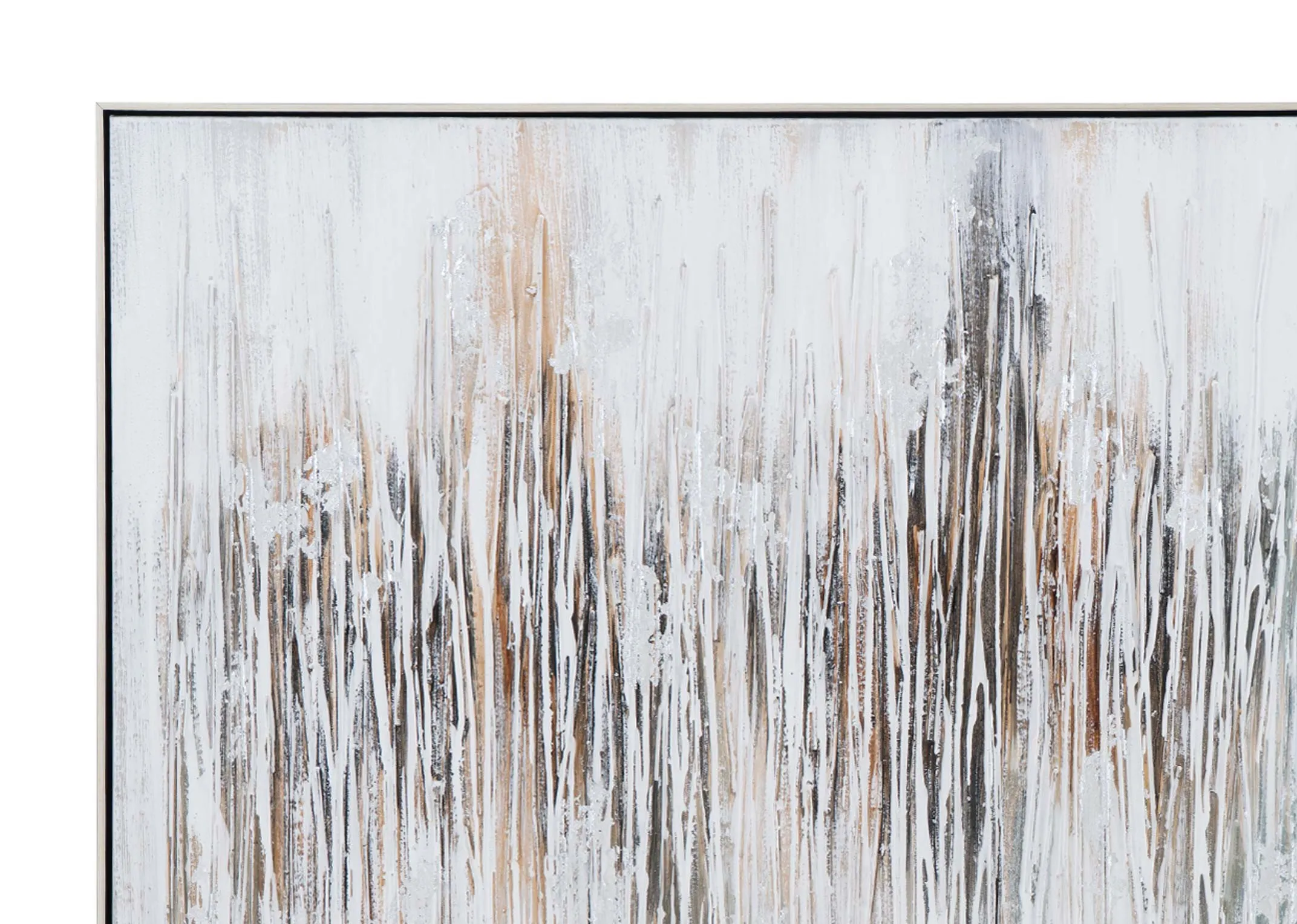 A white canvas with metallic abstract strokes from EZ Livings Wall Art range. Closeup of silver frame