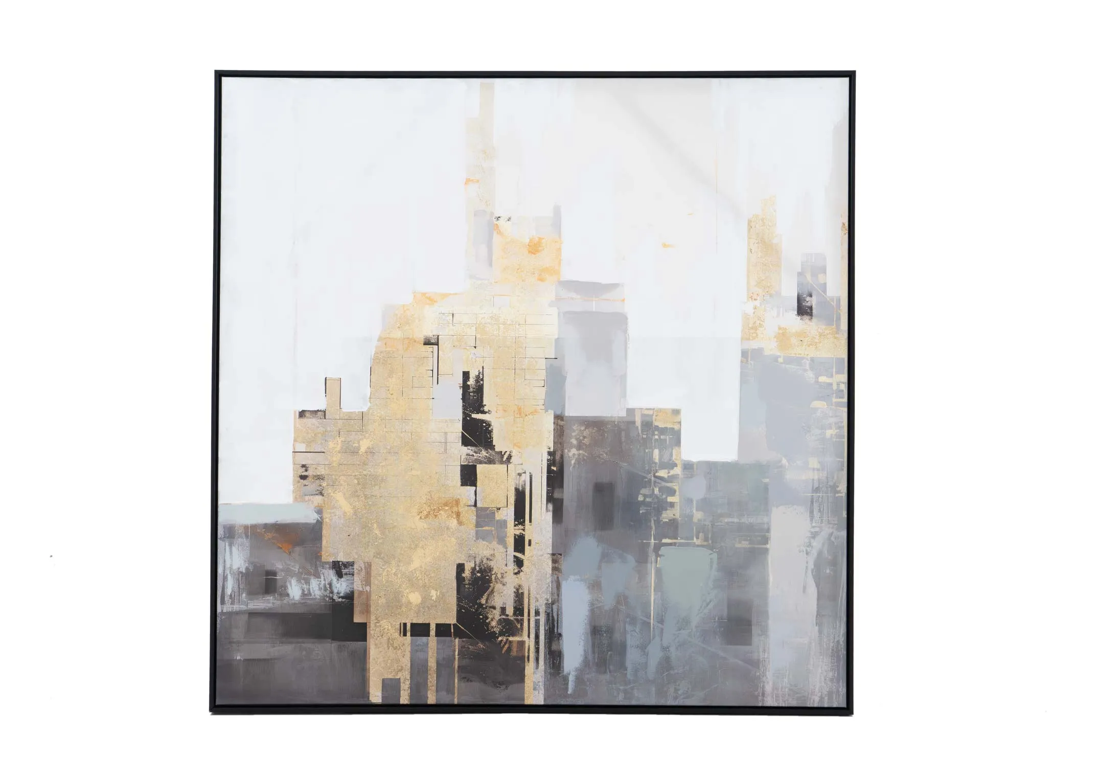 A black framed square canvas print of a city rooftops. Front view of the Lifted I print