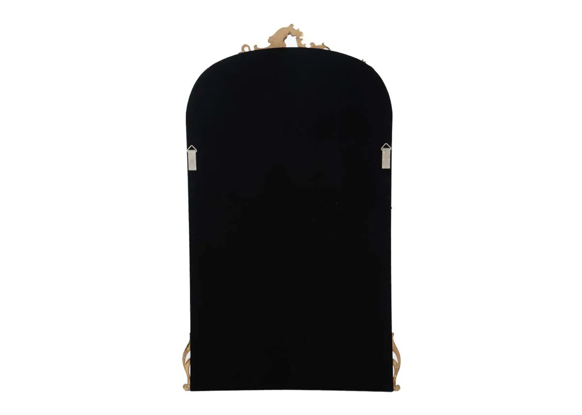 A large arched mirror with ornate gold trim from EZ Livings Kacey range.Back view of black felt fabric and hooks to attach to wall