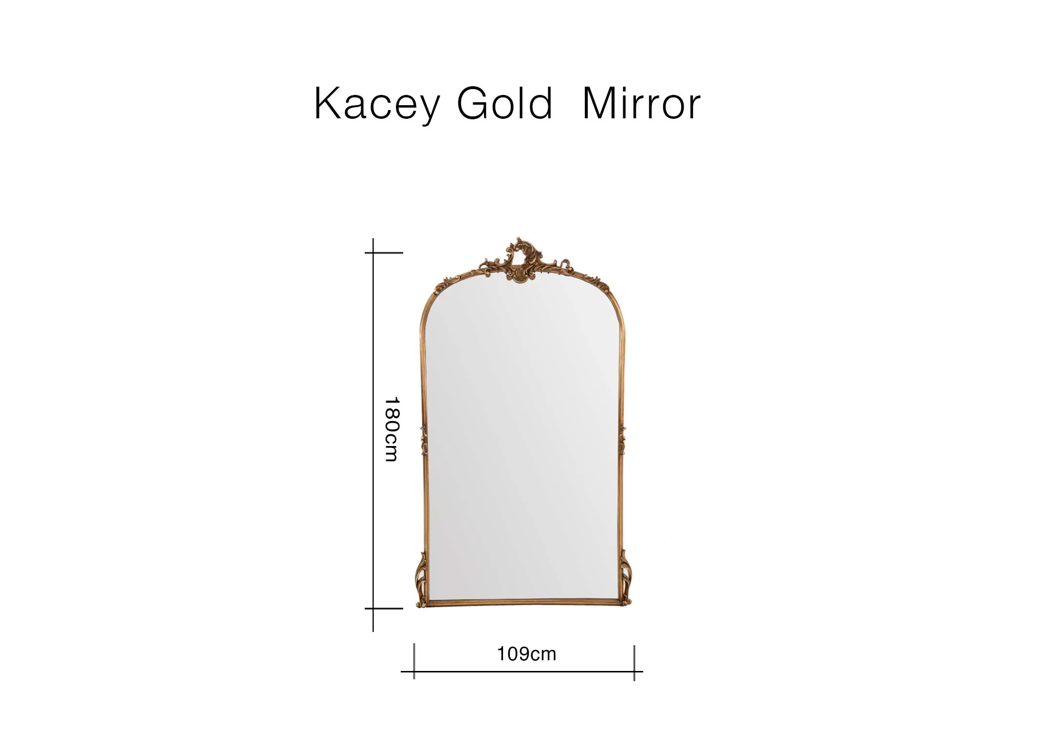 A dimension image of the Kacey gold miror with 109cm x 180cm