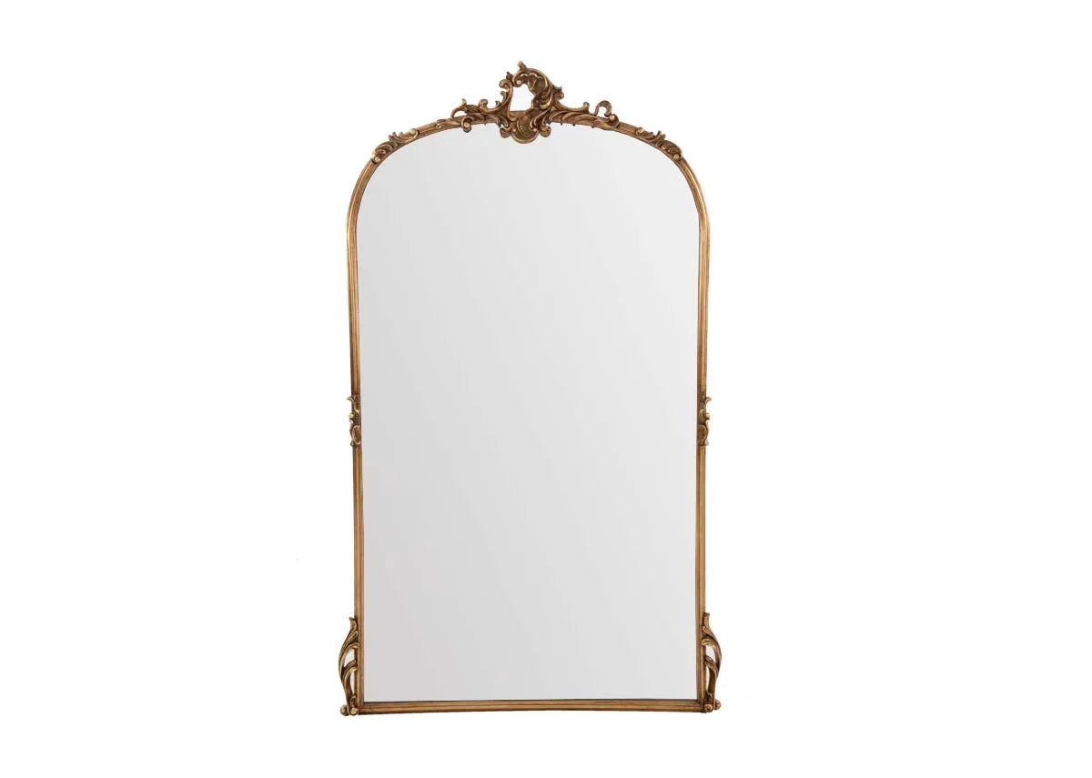 A large arched mirror with ornate gold trim from EZ Livings Kacey range.