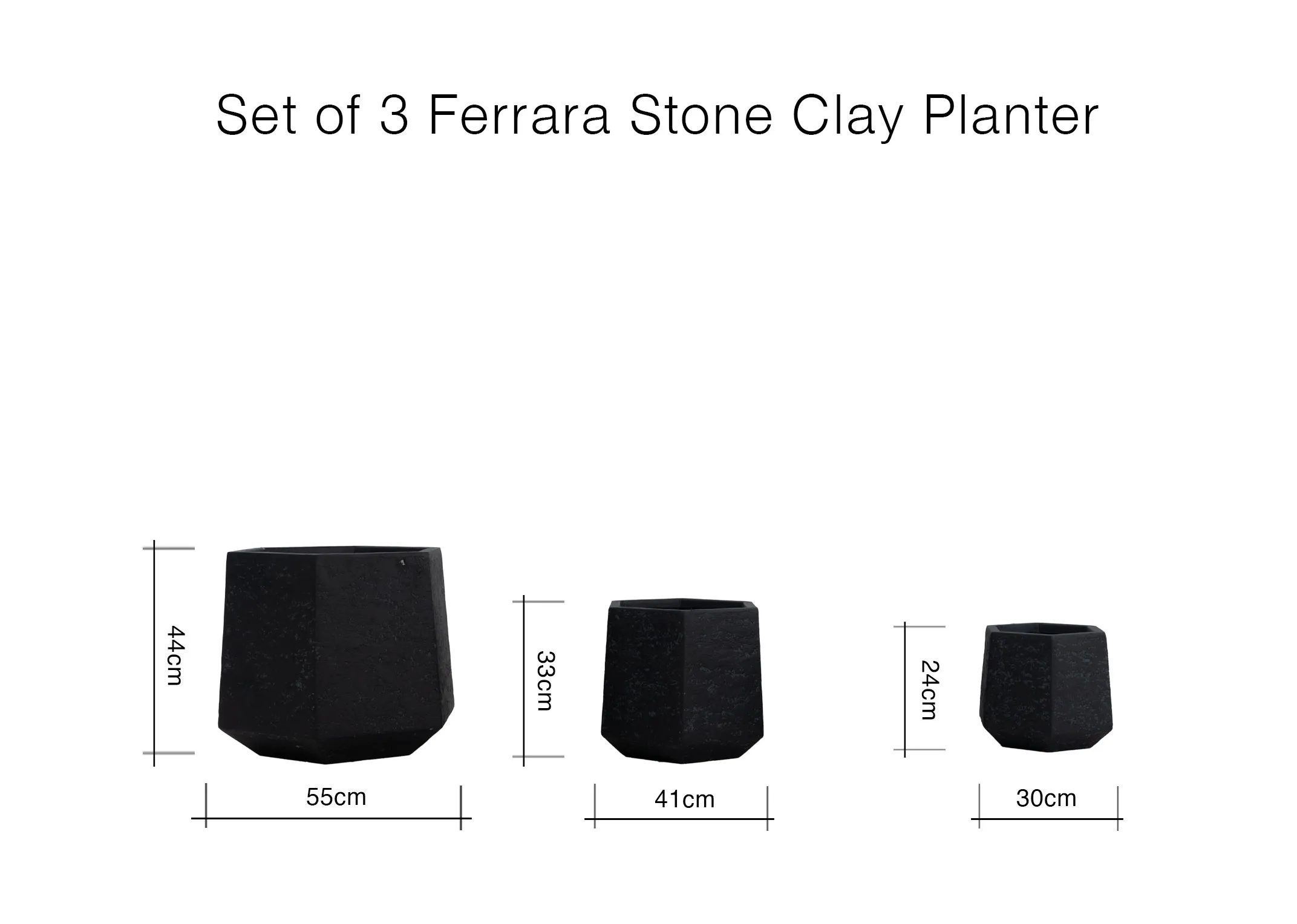 A dimension image of the Set of 3 Ferrara Stone Planters with 30cm - 55cm x 24cm-44cm