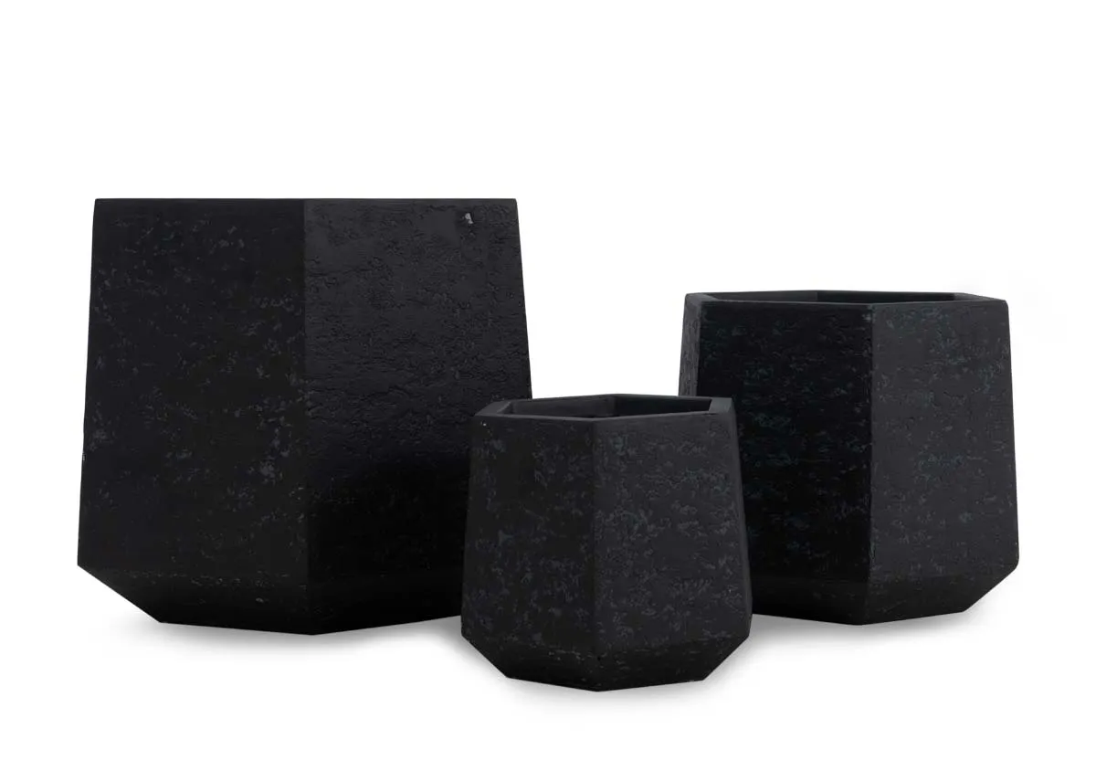 A set of 3 black clay planters from EZ Livings Ferrara range. Front view.